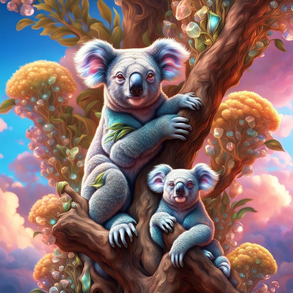 Crystalline Koalas in a Bioluminescent Fantasy Forest
