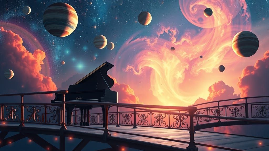 Cosmic Piano Odyssey in Ethereal Bridge