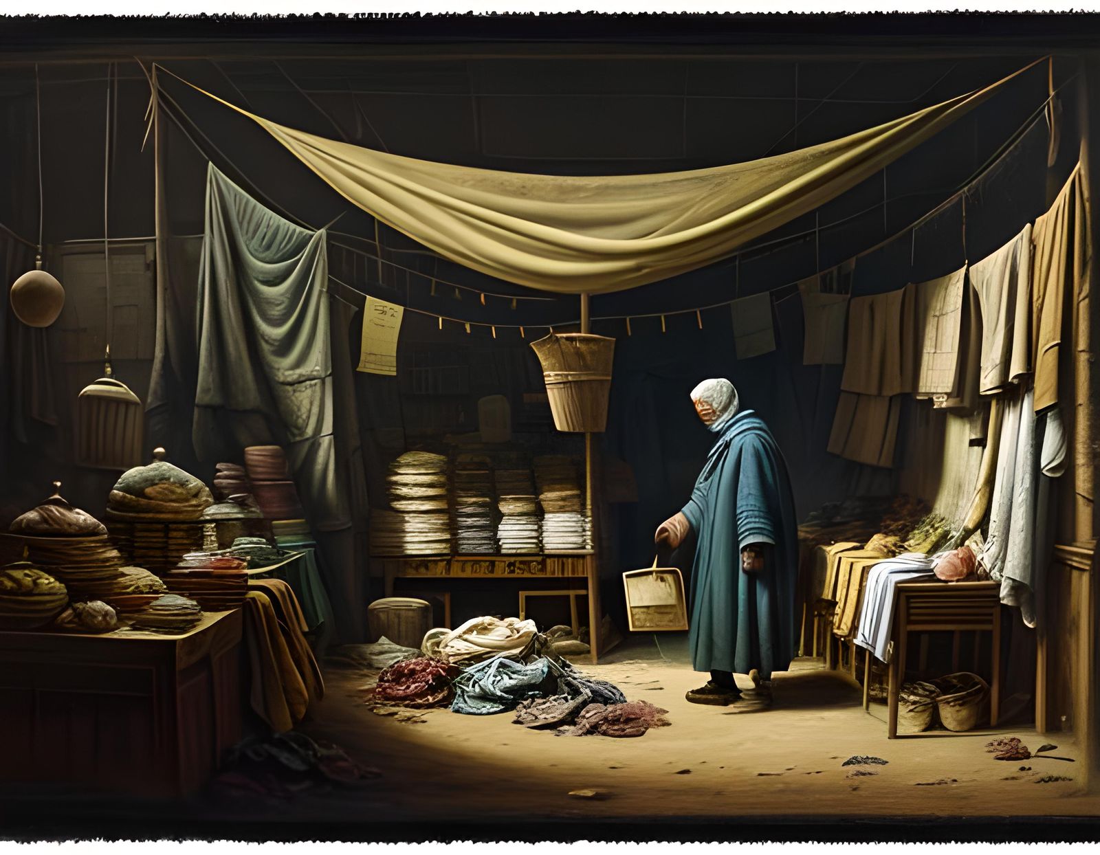 Destitute Merchant in Dimly Lit Market Stall