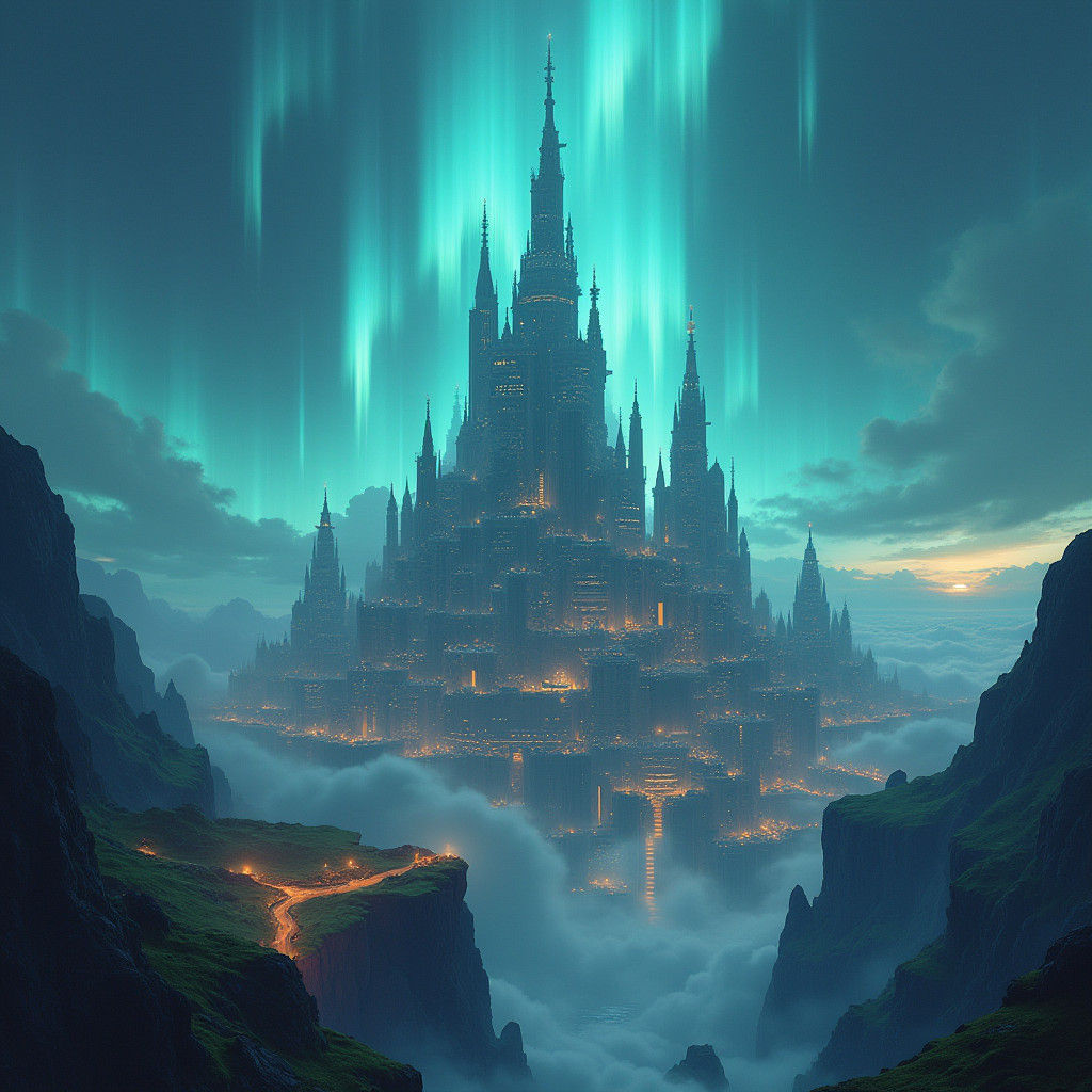 Aurora Borealis Illuminates Mystical Futuristic Cityscape
