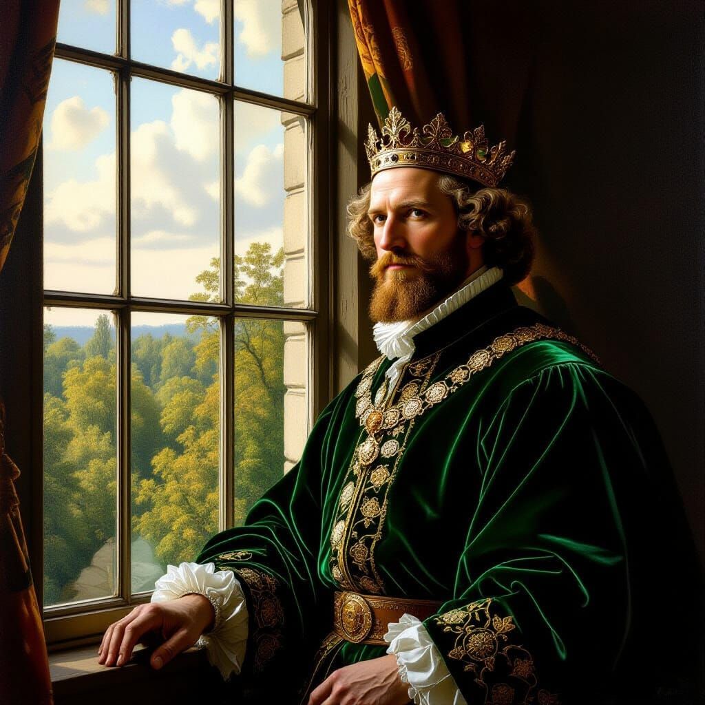 Noble King in Green Robe Gazing at Forest, Realistic Baroque...