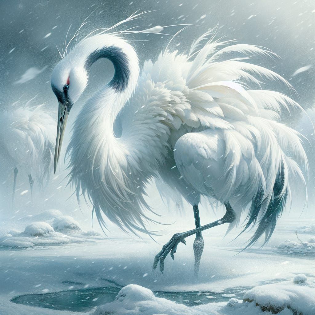 Majestic White Crane in Snowstorm, Digital Matte Painting