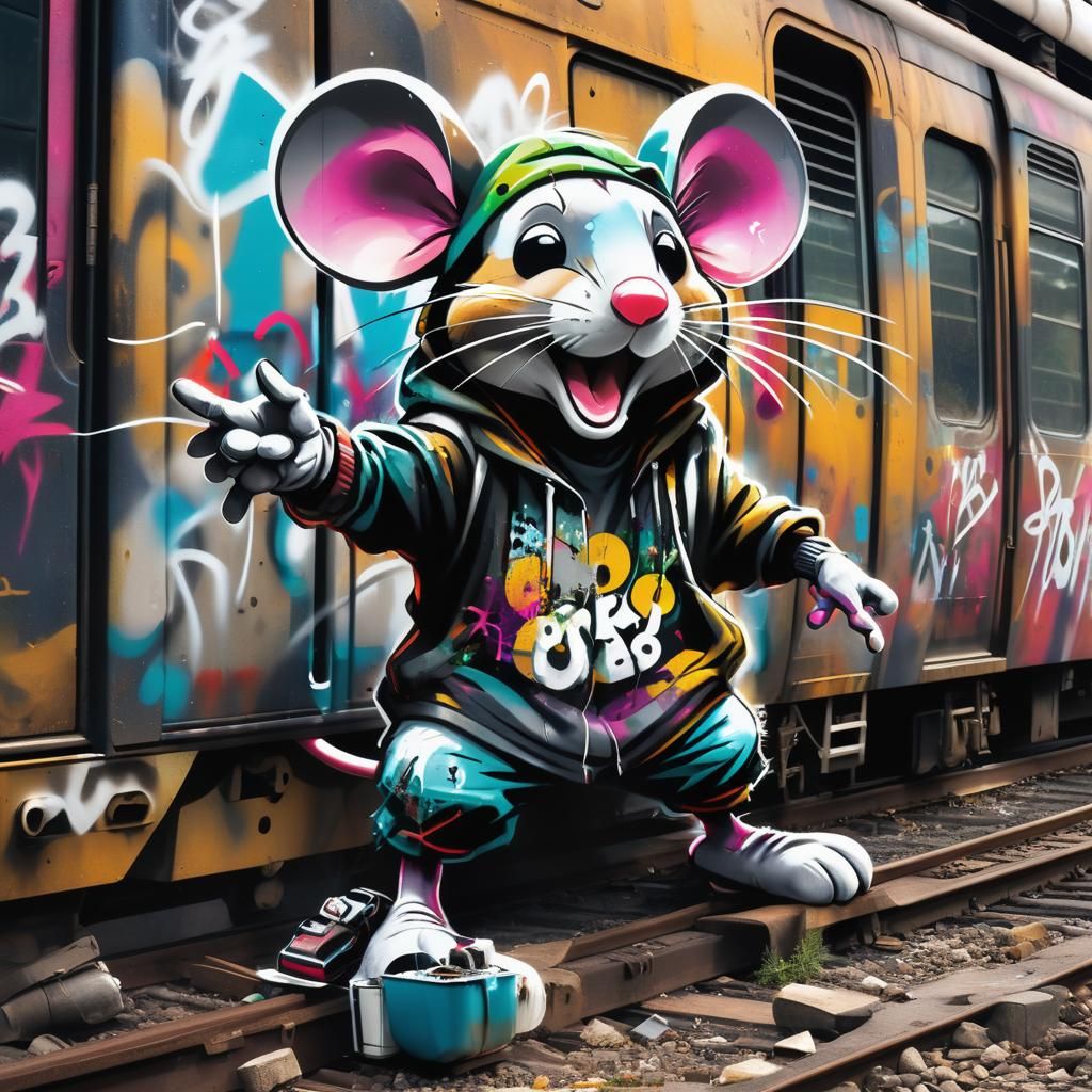 Giant Mouse Graffiti Art on Broken Down Train