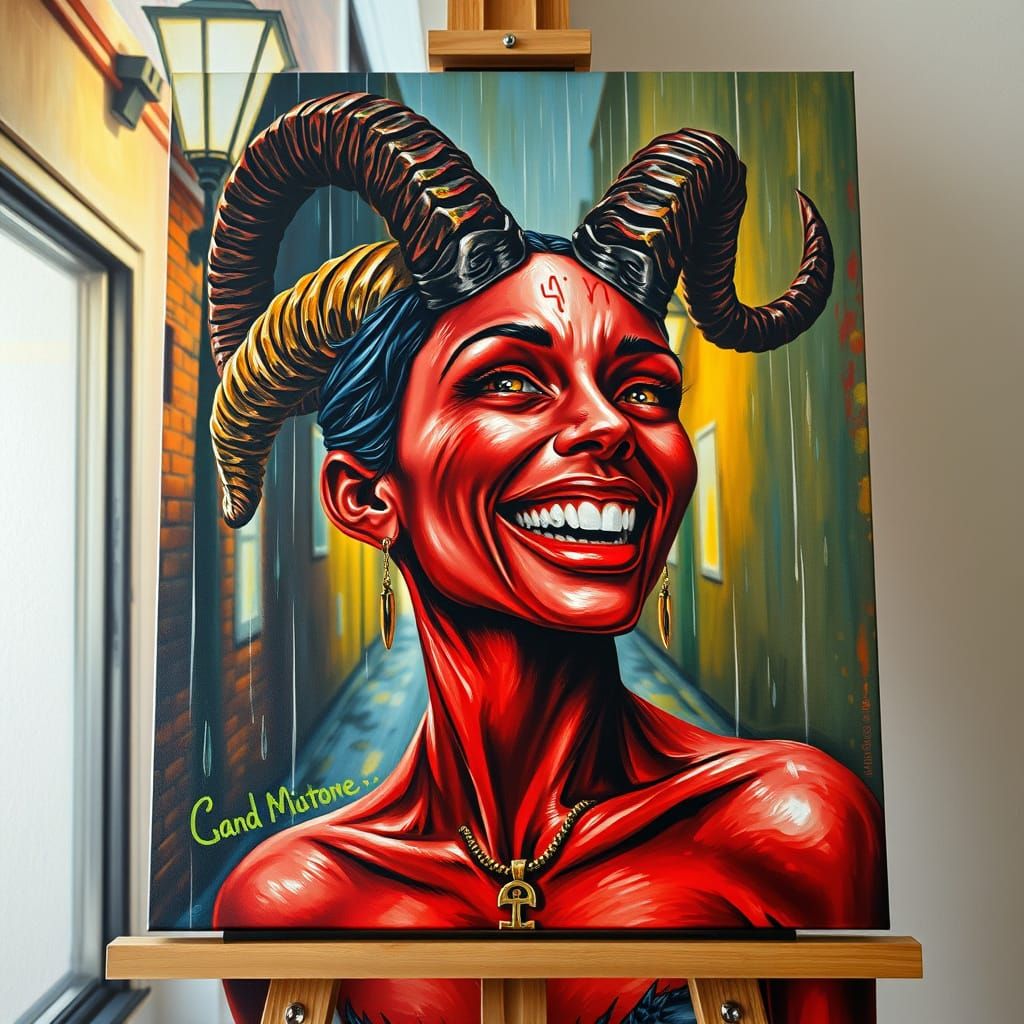 Demonic Heroine Laughs in Rainy Alley, Van Gogh Style