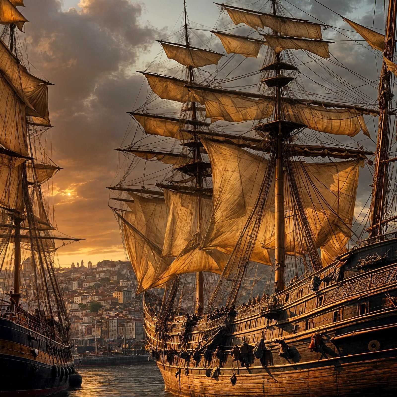 Magellan's Victoria Sails Into Port at Sunset