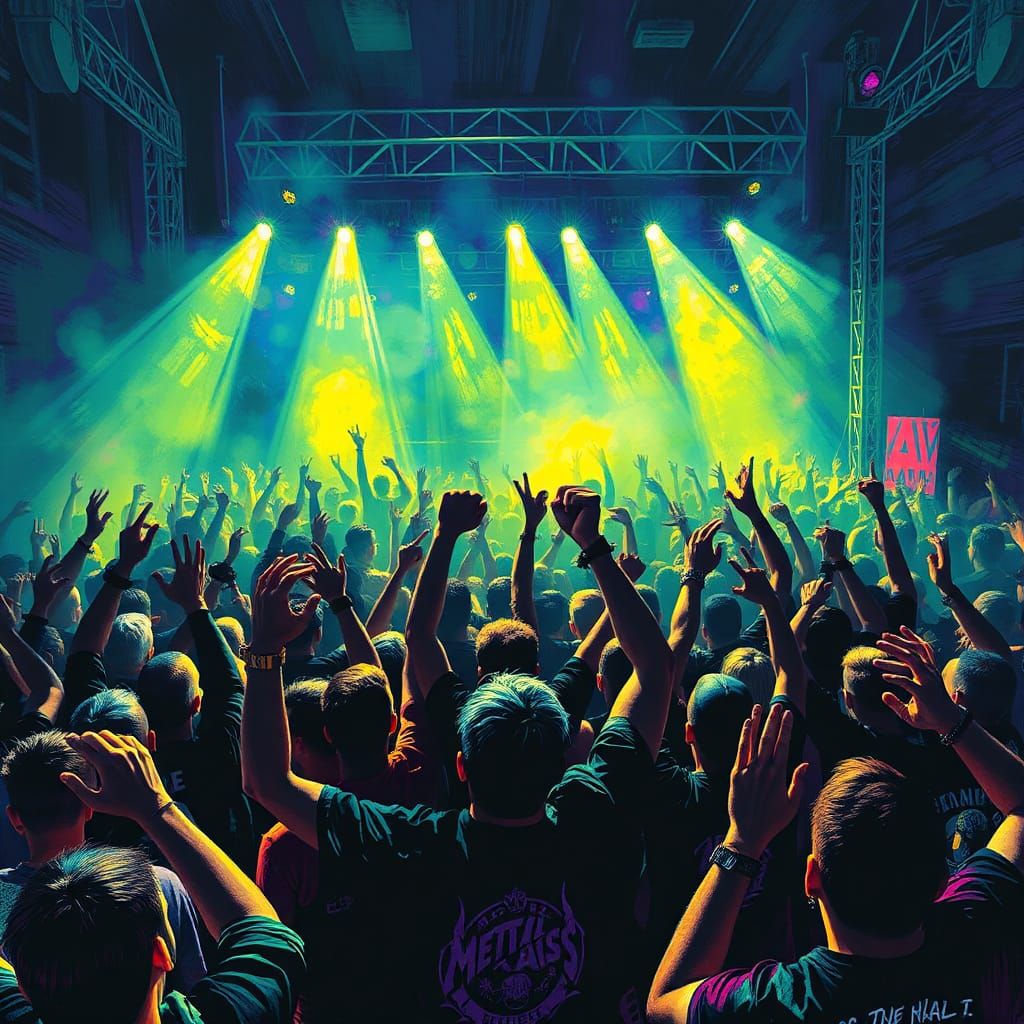 Metalhead Crowd at Concert in Cyberpunk Style