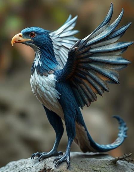 Majestic Blue Bird Eagle Dragon Soars in Fantasy Art