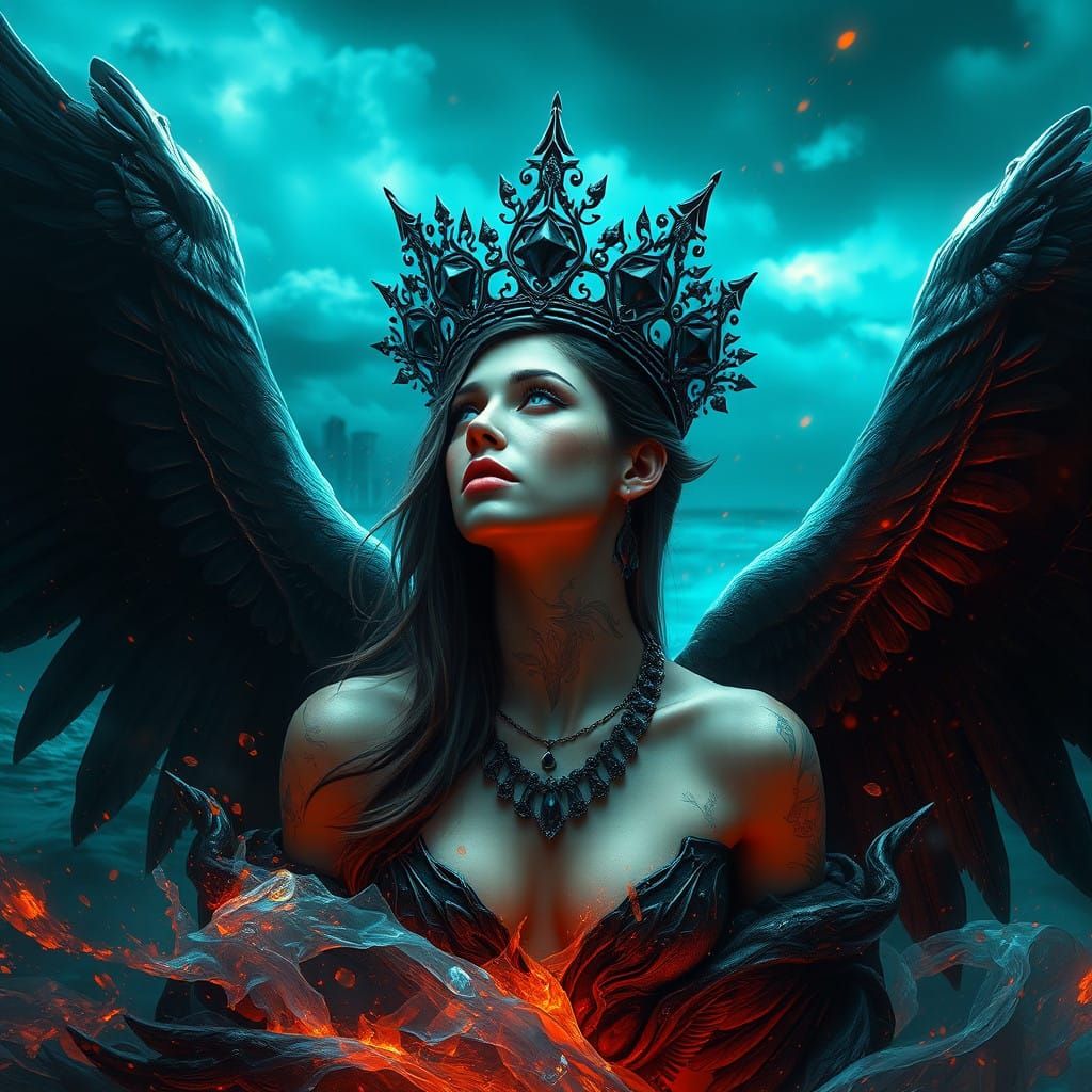 Ethereal Vampire Goddess Soars on Stormy Sea with Angel Wing...