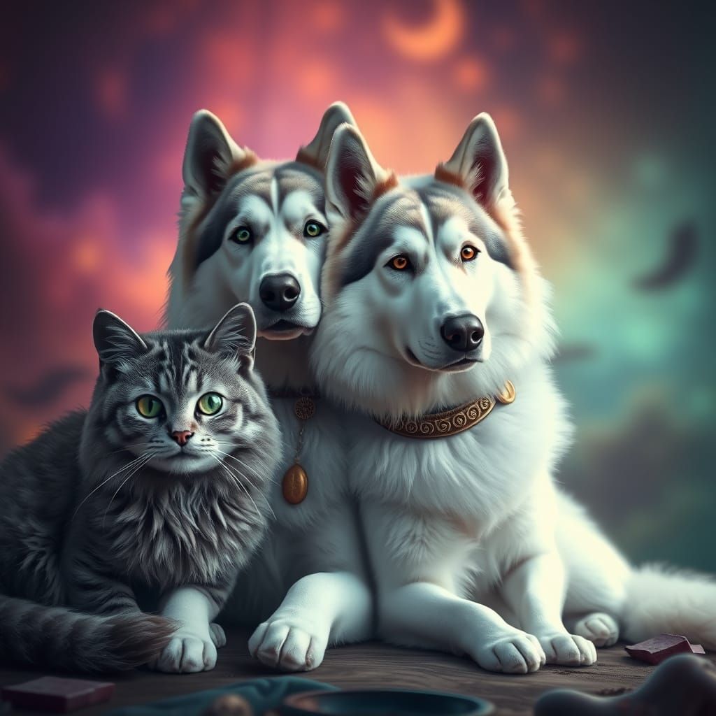 Regal Canine and Feline Duo in a Fantastical Setting
