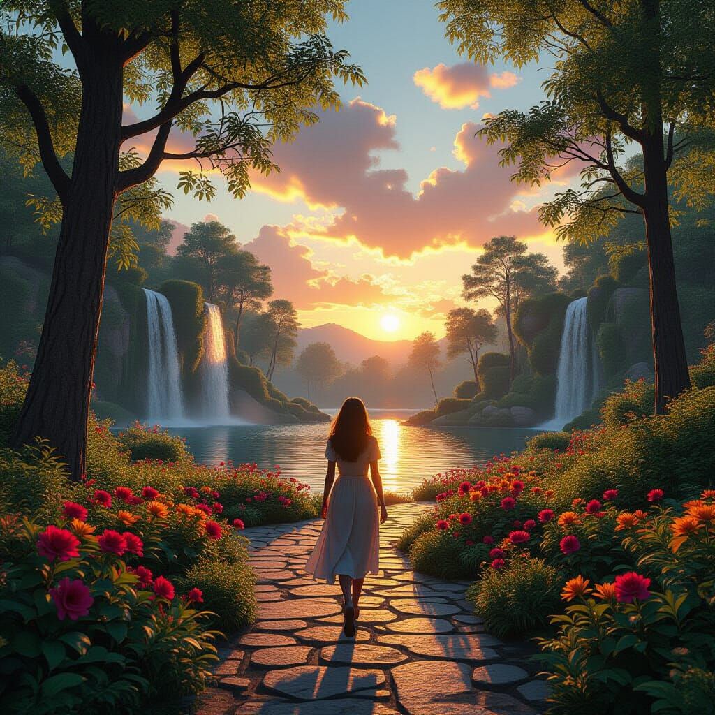 Woman on Floral Path at Sunset, 3D Rendered