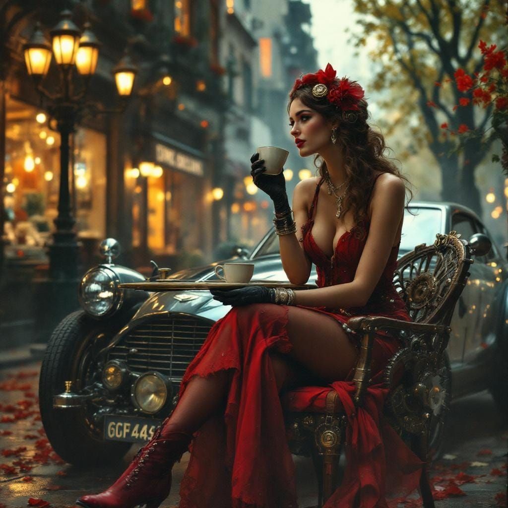 Digital painting cinematic oil painting of a beautiful bohemian steampunk 40 year old woman, 1920’s clothing (dress red/...