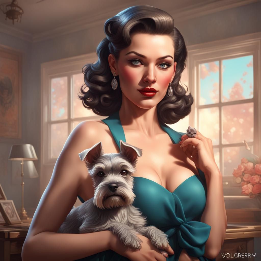1940s Pinup Girl Portrait with Miniature Schnauzer