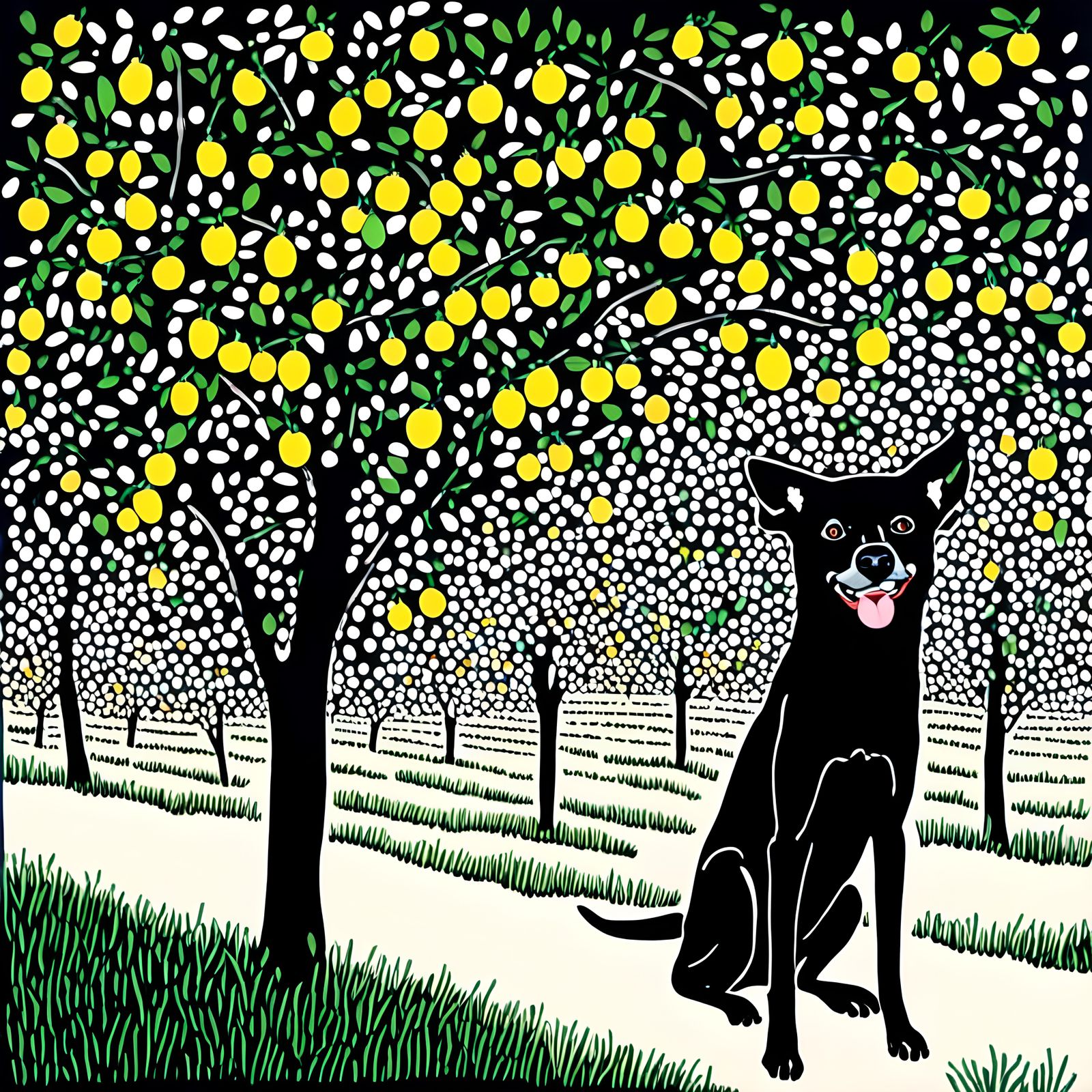 Dog in Lemon Orchard with Neon Style