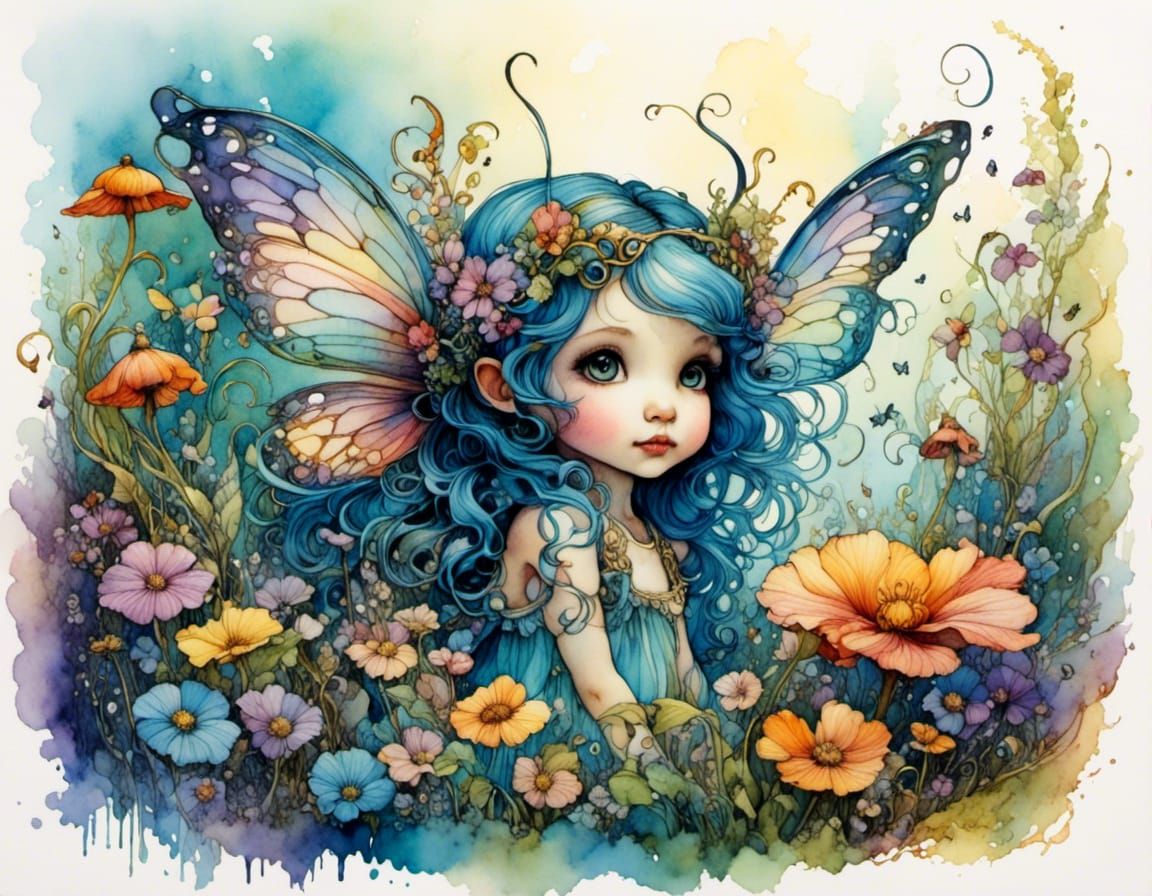Fairy in Flower Garden Watercolor Illustration