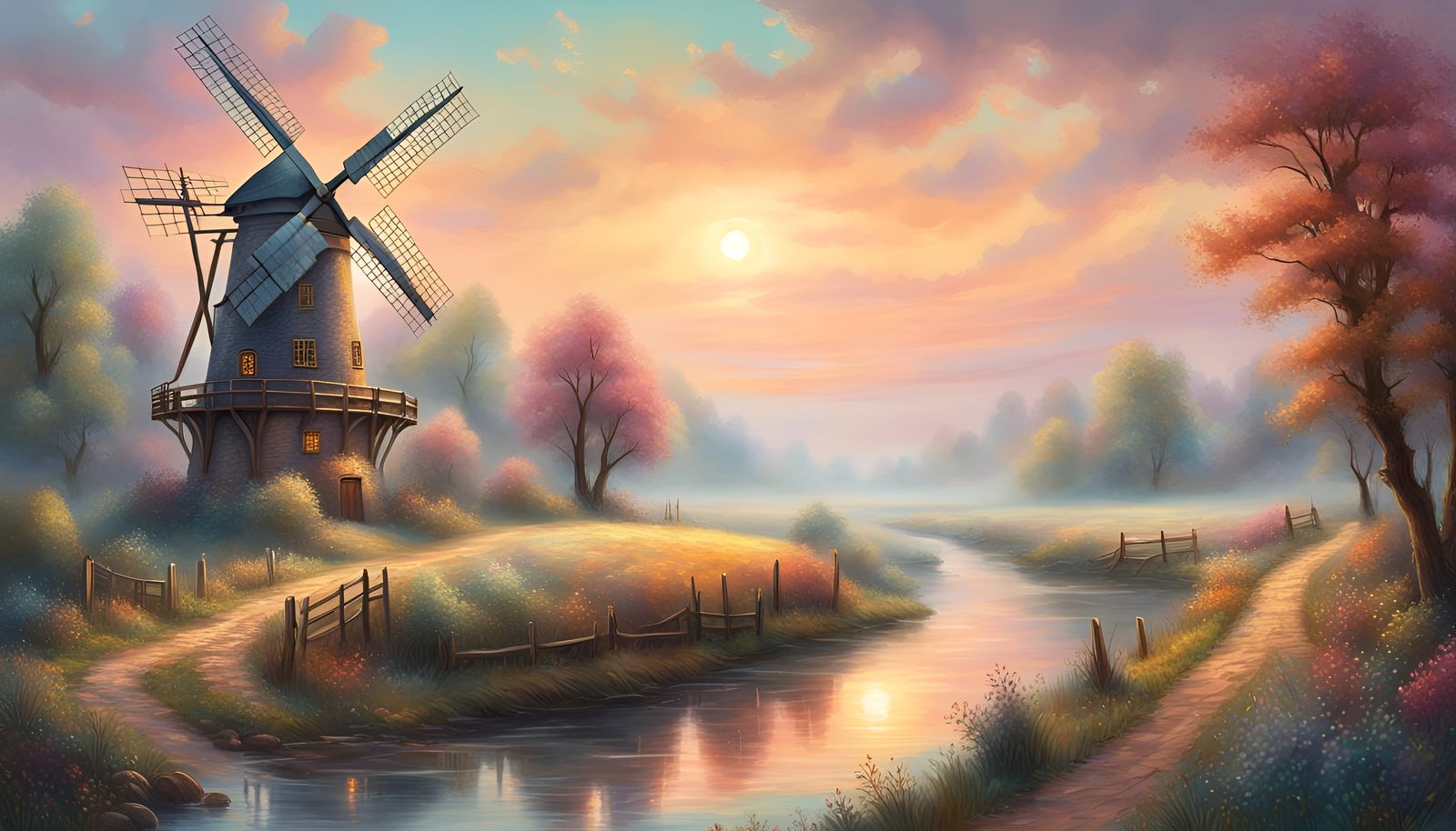 Medieval Windmill Landscape in Ethereal Fantasy Style