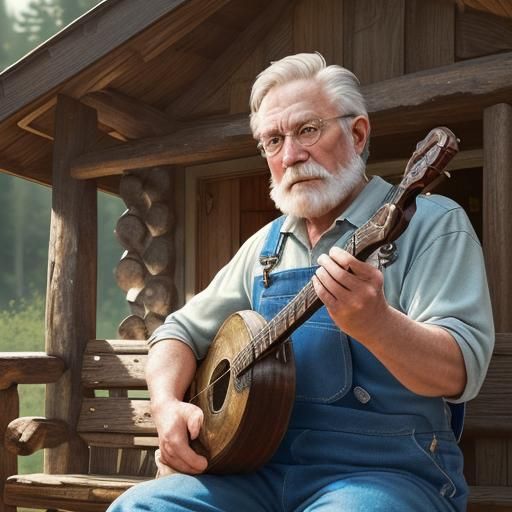 Hyperrealistic Old Man Playing Banjo on Porch