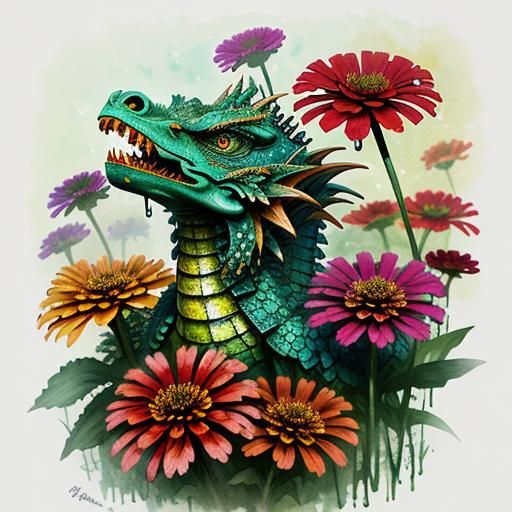 Zinnias and Dragon in Alcohol Ink Style