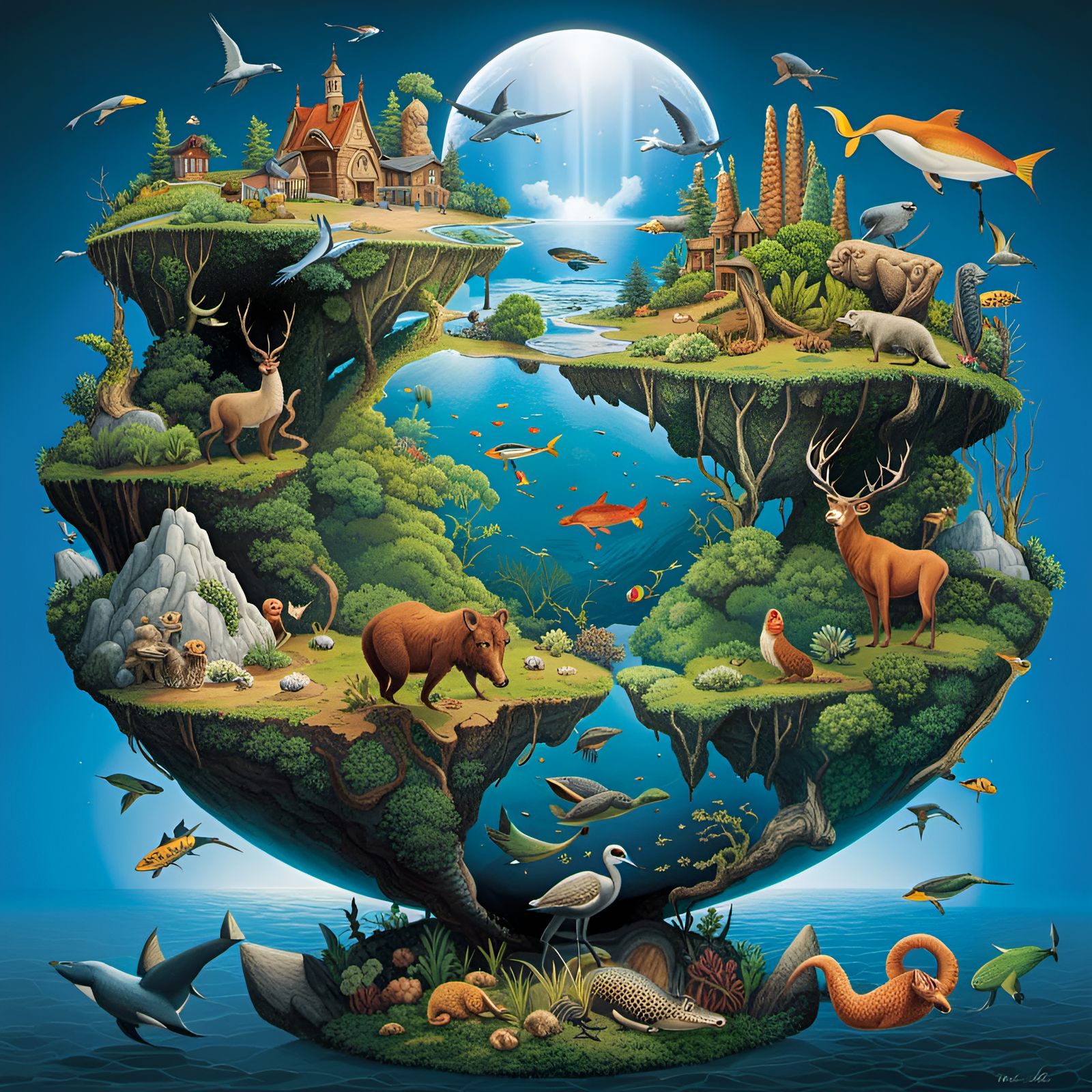 Vivid Biogeography Map with Cryptids and Wildlife