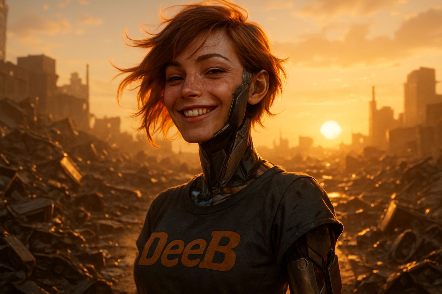 Cyberpunk Android Woman in Golden Sunrise