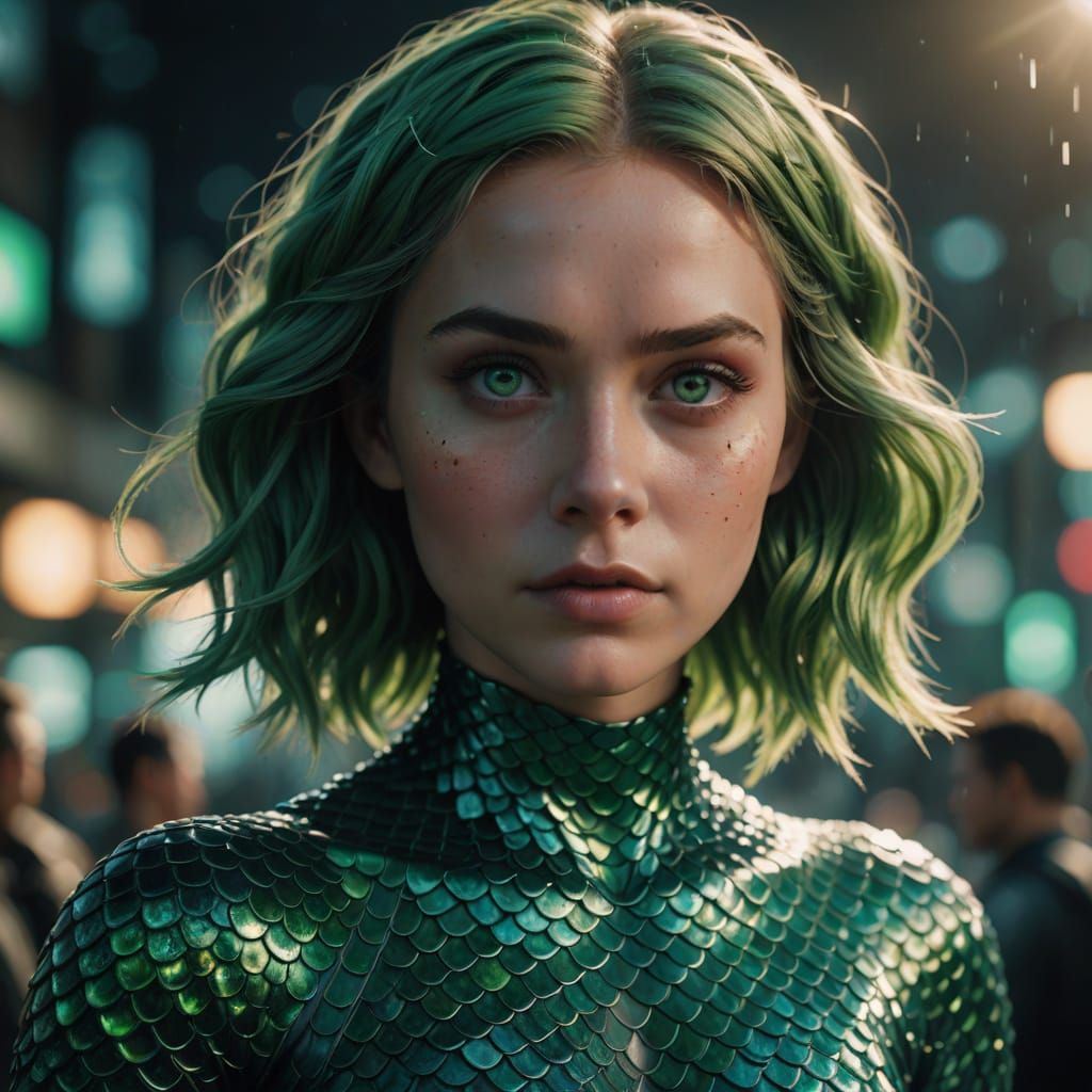 Hyperrealistic Mermaid Superhero with Green Hair and Eyes