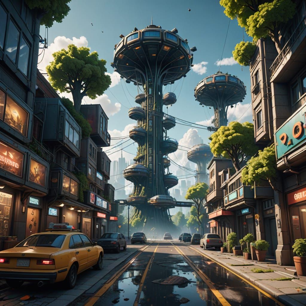 Elegant Chromepunk Cityscape with Flying Gondolas and Fracta...