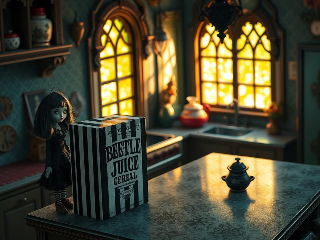 Beetlejuice Cereal Box in Gothic Kitchen, Surreal Art