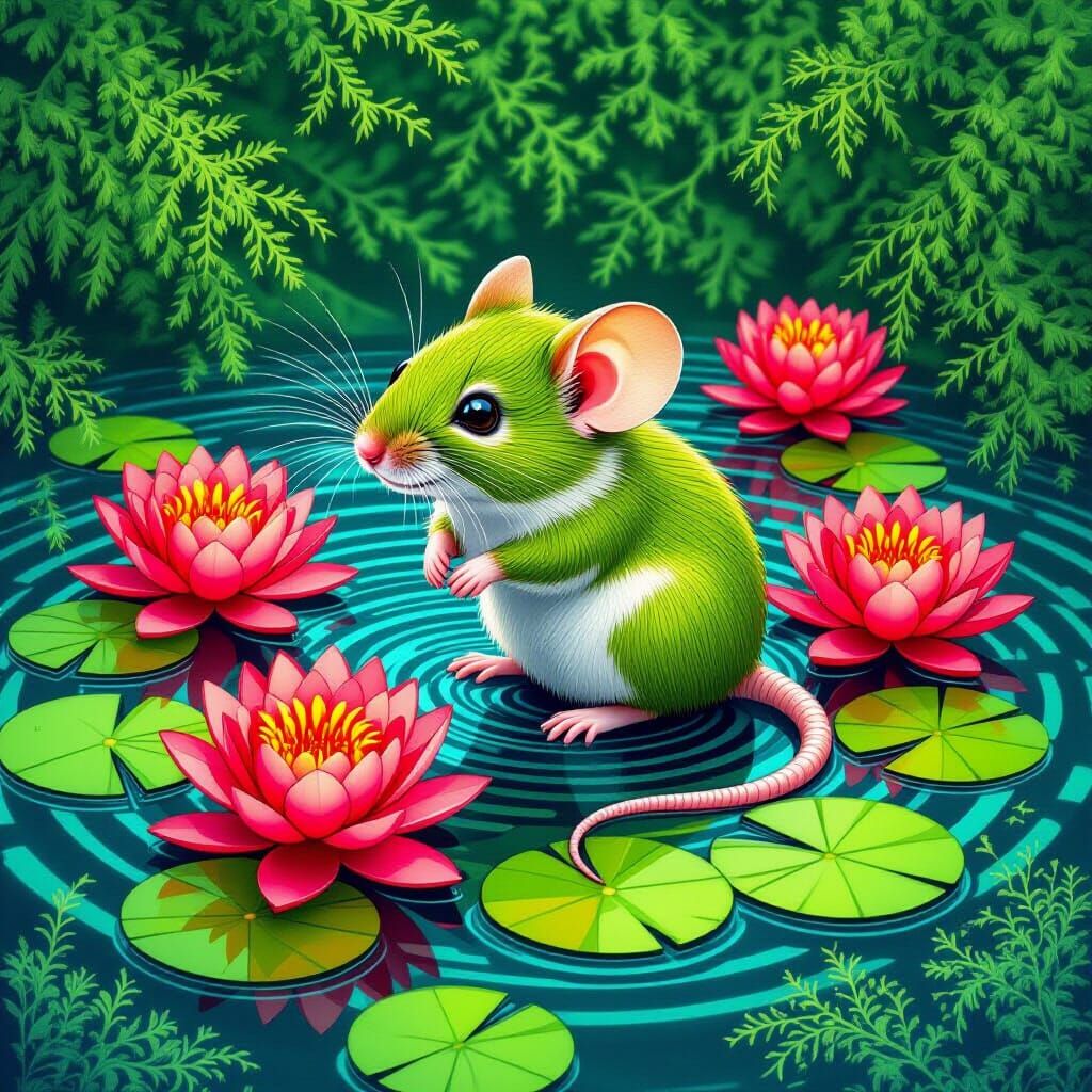 Green Mouse Loves Red Lily Pads: Abstract Fractal Art