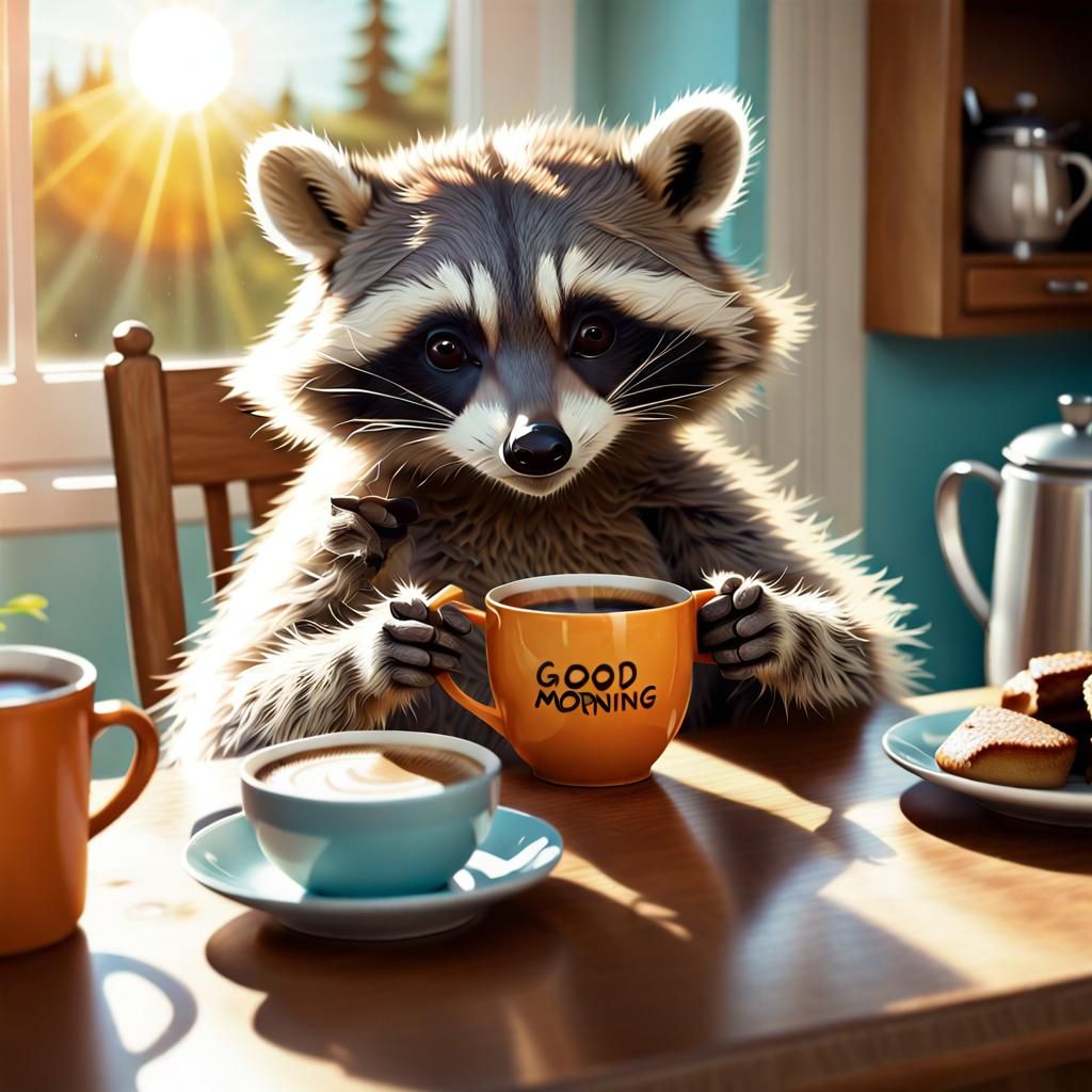Sleepy Raccoon's Coffee: A 70s Digital Illustration