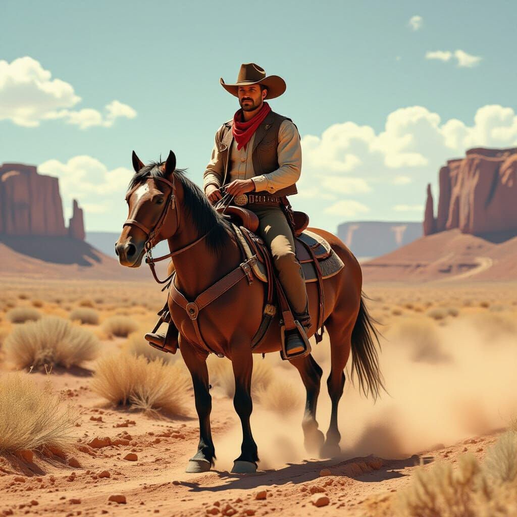 Dusty Cowboy Rides Through Desert Landscape