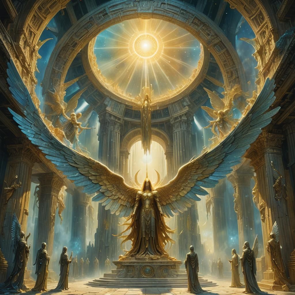 Angels Worshipping in Heavenly Temple: Surreal Concept Art