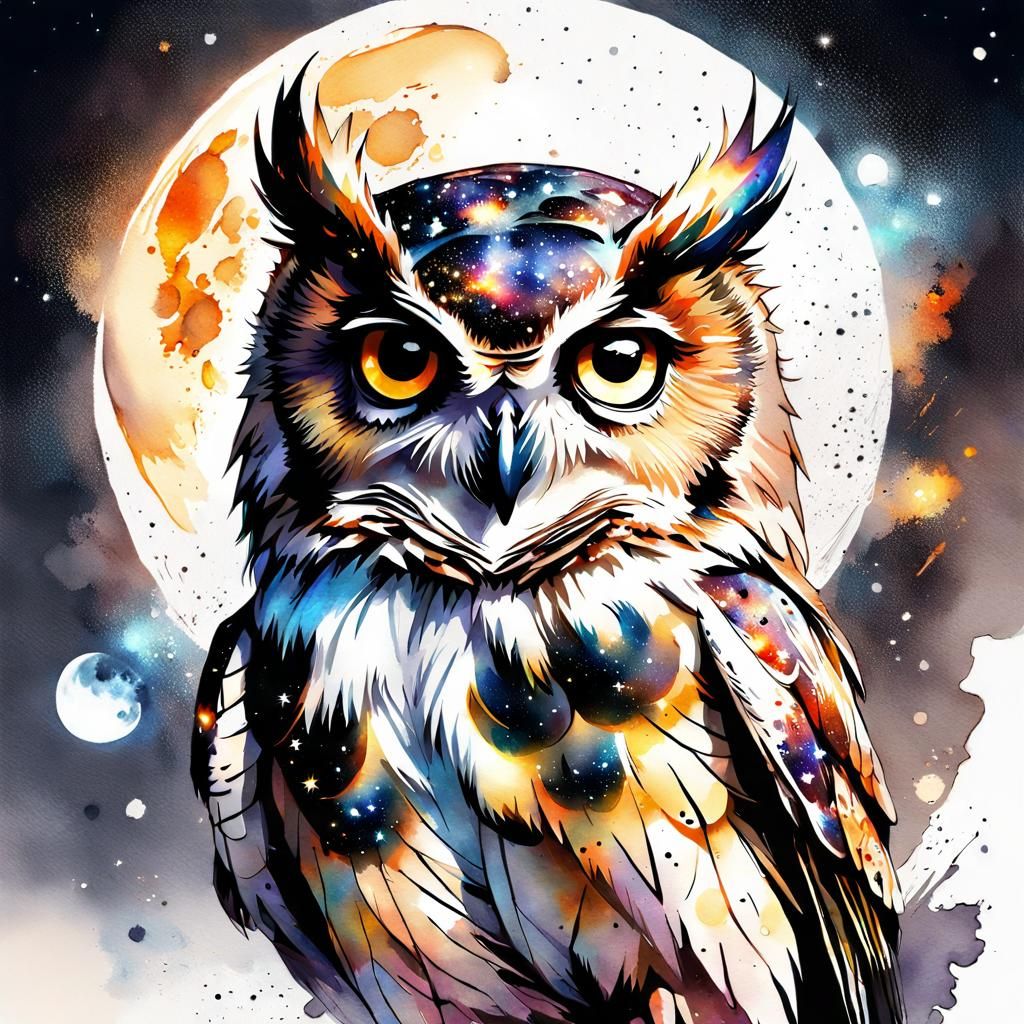 Cosmic Baby Owl in Watercolor Art