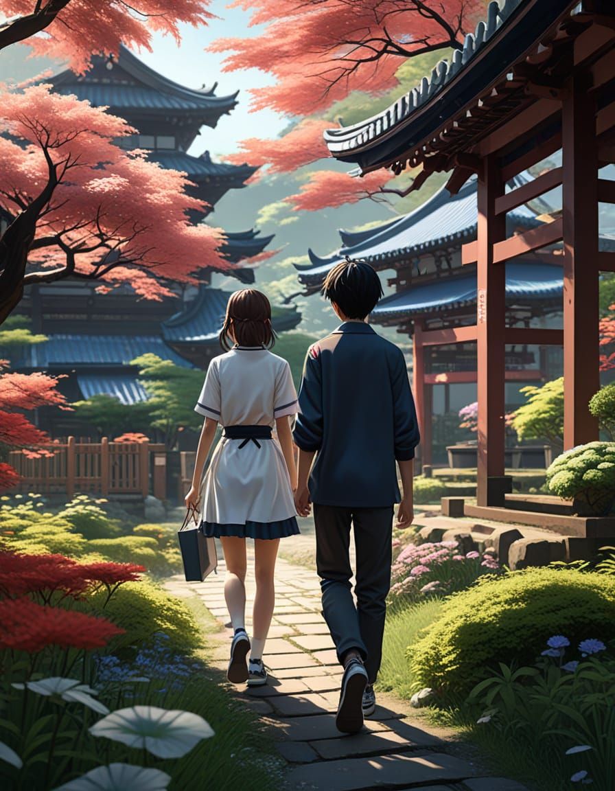 Girl and Men in Japanese Garden: Anime Art