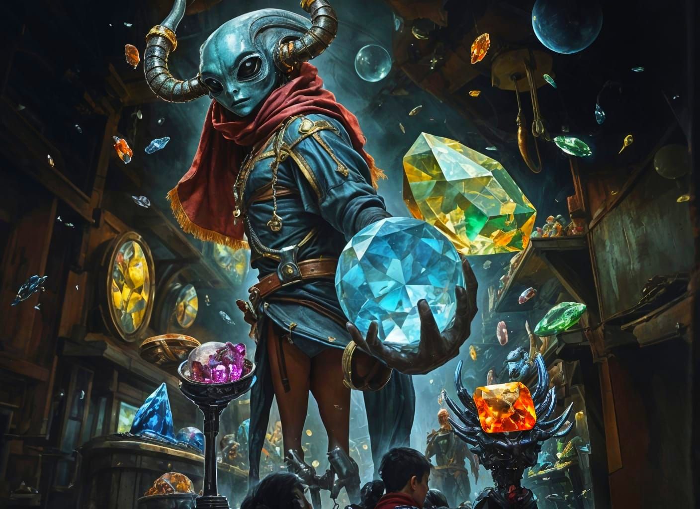 Alien Merchant in Chaotic Gem Market, Dark Fantasy Art