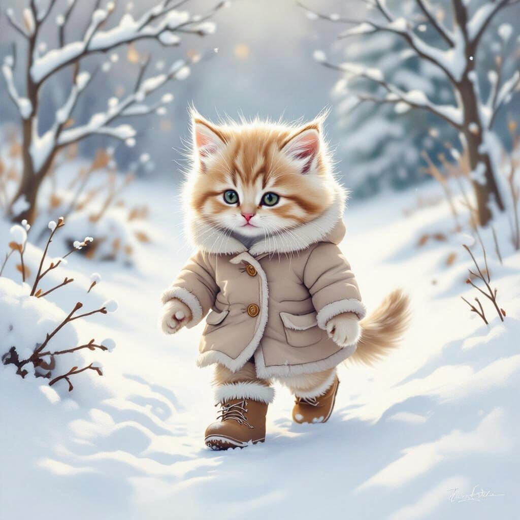 Whimsical Kitten Walking in Snowy Landscape