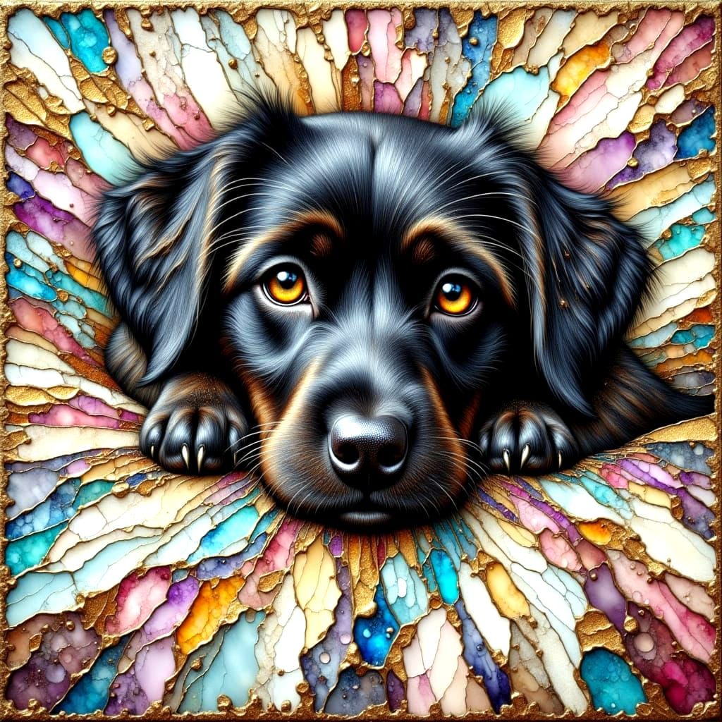 Surreal Oil Painting of a Scruffy Black Dog in a Dreamy Quil...