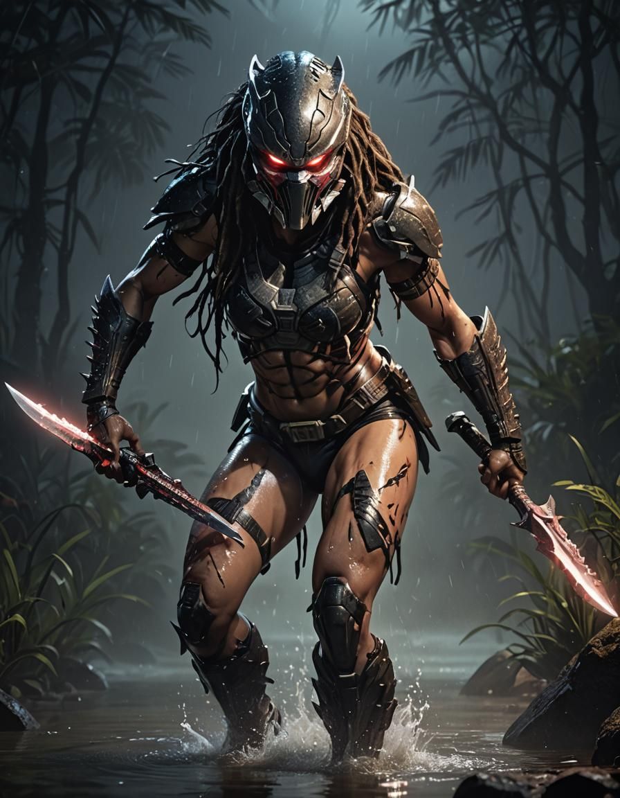 Female Predator Yautja Hunter in Cinematic Splash Artwork