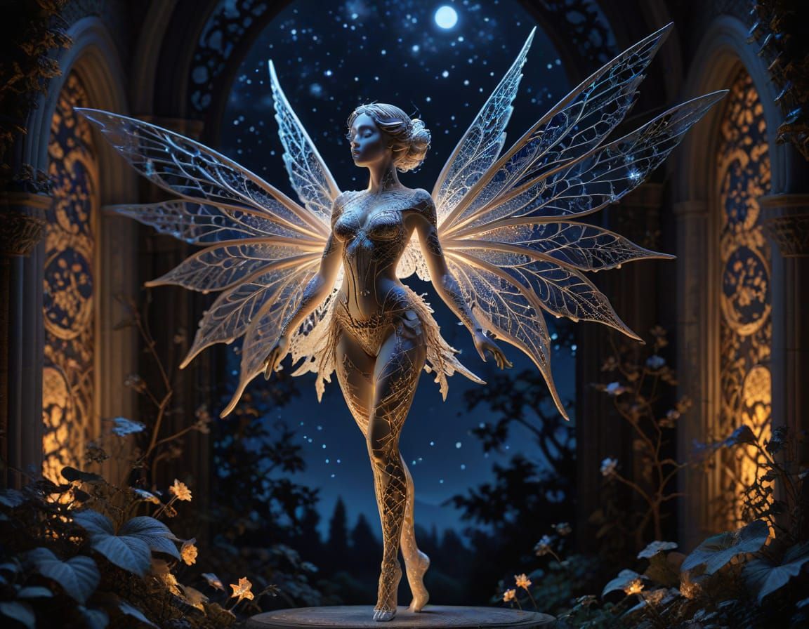 Porcelain Fairy with Delicate Wings in Night Sky