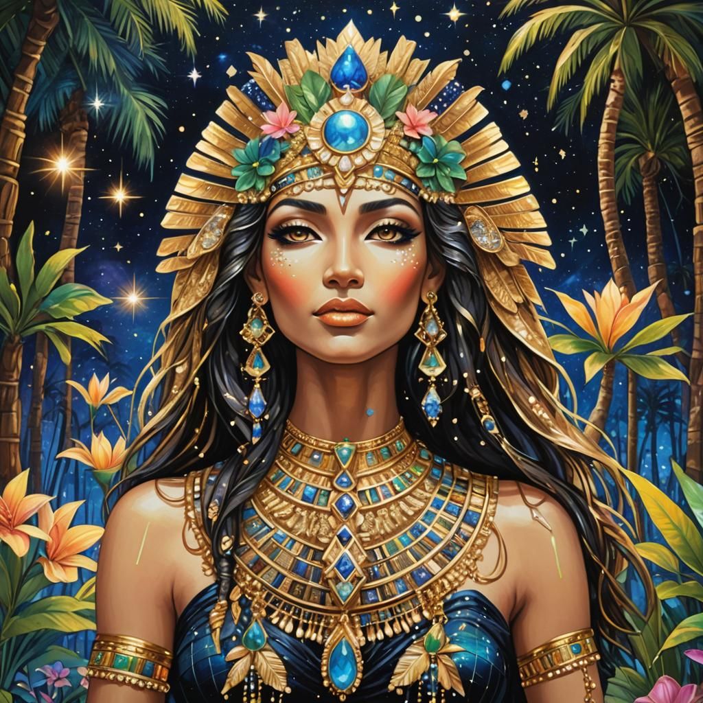 Egyptian Goddess in Blacklight Style with Jewels