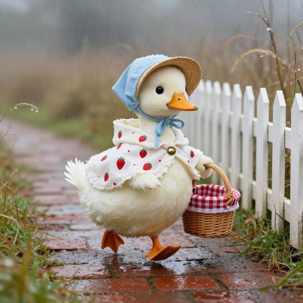 Whimsical Duck in Bonnet Braves Misty Rain
