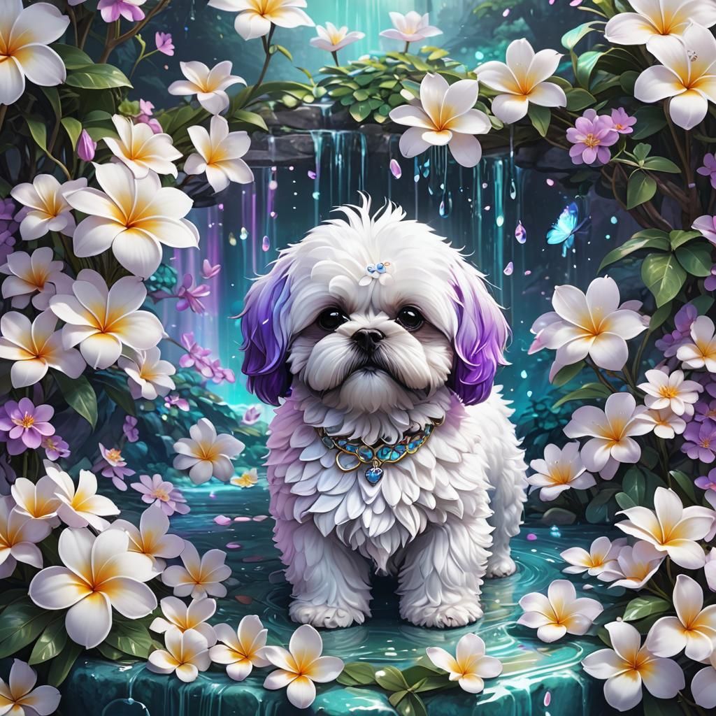 Anime Style Bichon Shih Tzu with Plumeria