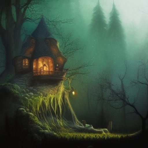 Baba Yaga's Spooky Hut in Hyperrealistic Watercolour