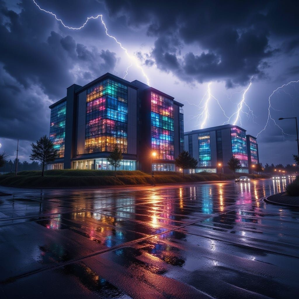 Prismatic Building in Thunderstorm: Hyperrealistic Cinematic...