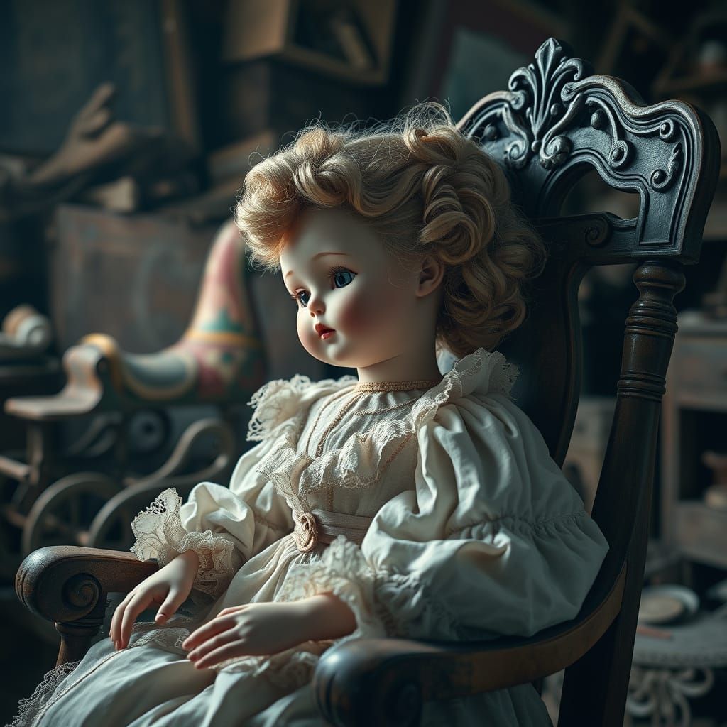 Antique Porcelain Doll in Dusty Attic: Digital Painting