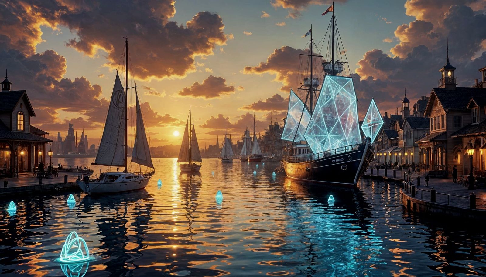 Surreal Bioluminescent Harbor Dreamscape at Sunset