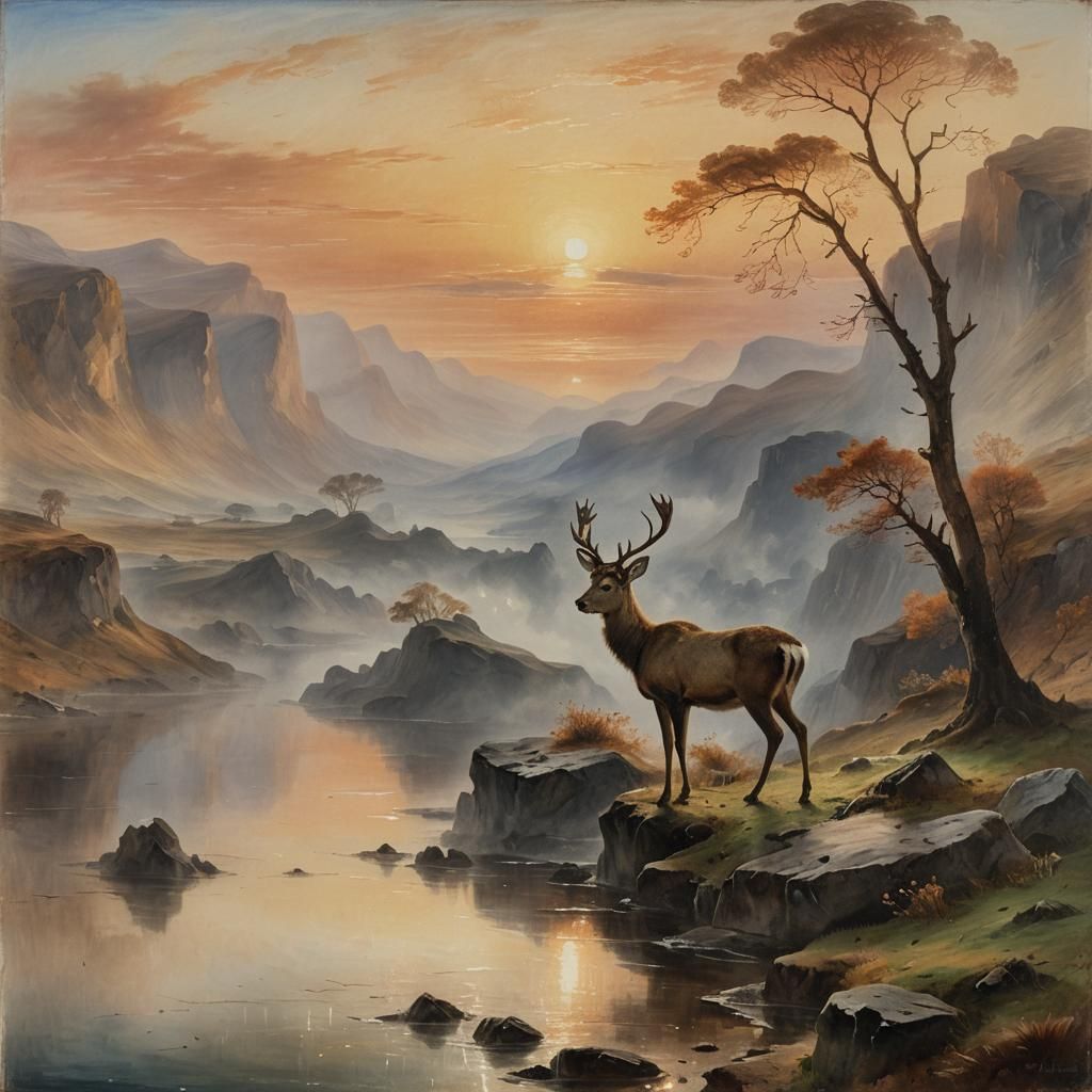 Turner-esque Sunset Landscape with Deer