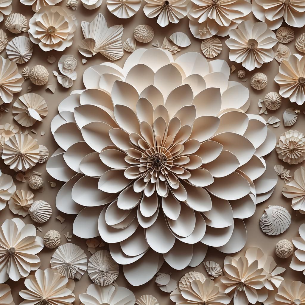 Seashells and Origami Flower in Papercraft Style