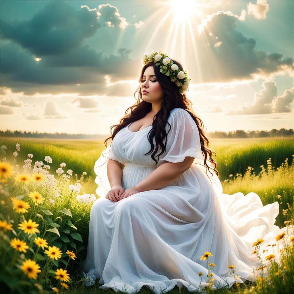 Woman in White Dress Sitting in Flower Field