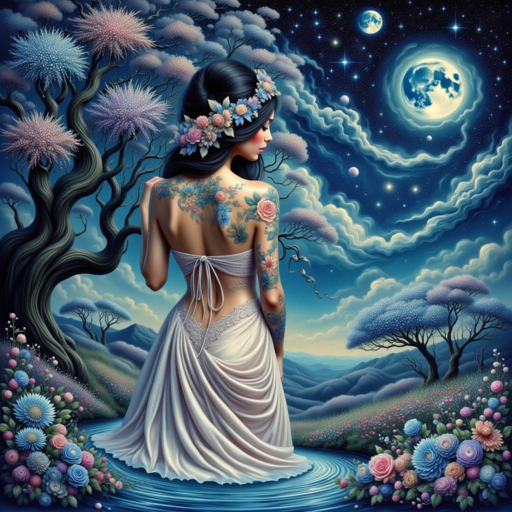 Elegant Woman with Galaxy Tattoo in Art Nouveau Style