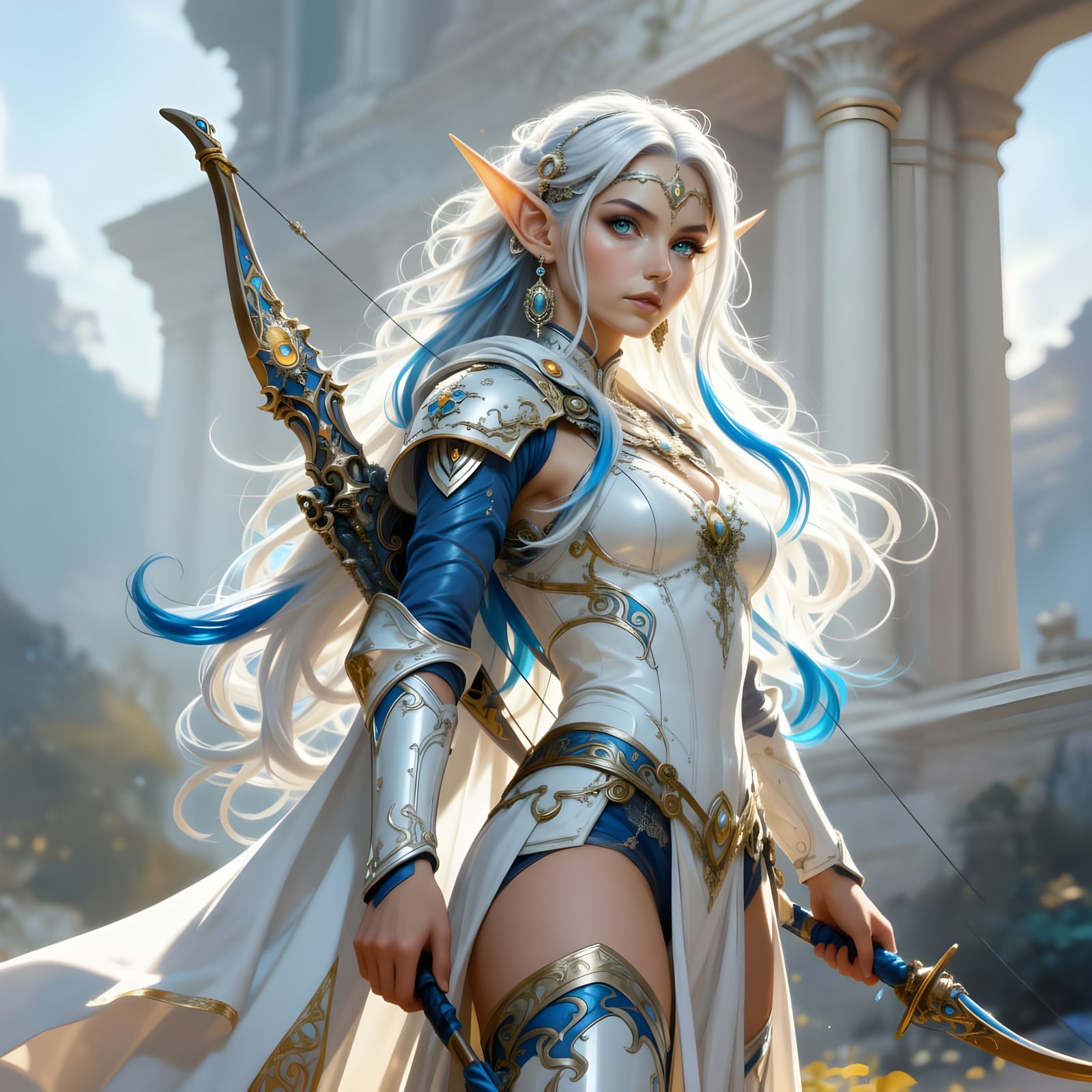 Fantasy Elf Archer in Blue and White