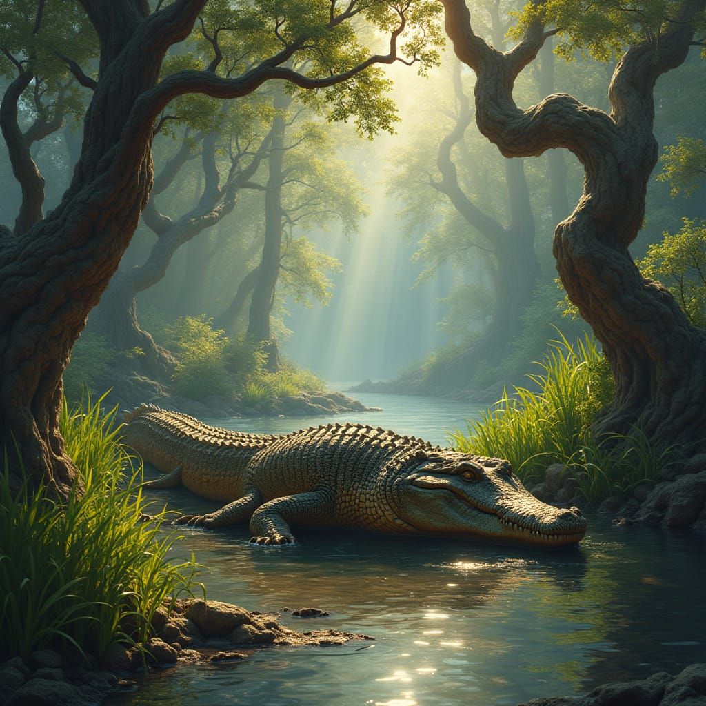Giant Prehistoric Crocodile in a Twisted Forest Landscape